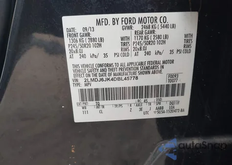 2013 Lincoln Mkx z USA, uszkodzony, nr VIN 2LMDJ6JK4DBL45778